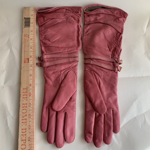 Portolano Leather Gloves Cashmere Lined 15" Long Pink Buckles Sz 7 Buttery Soft - Picture 4 of 6